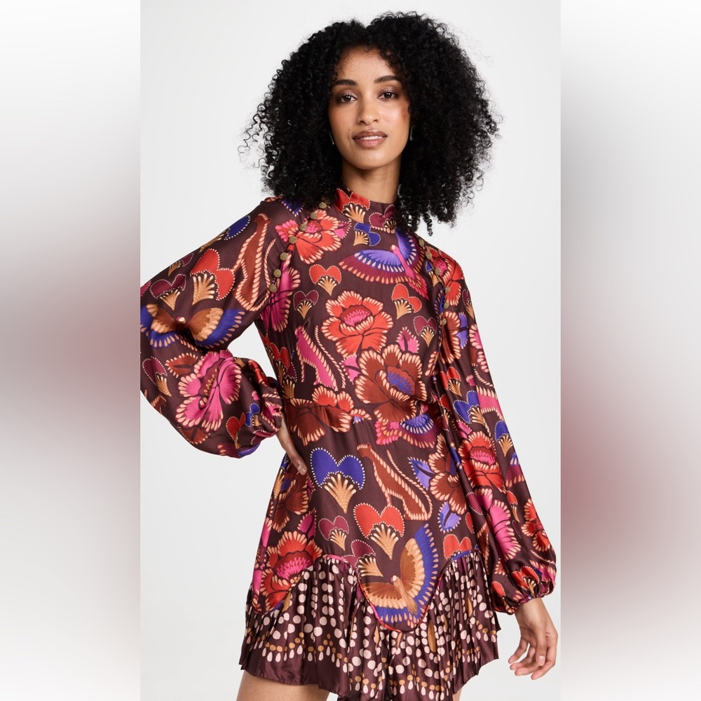 Farm Rio Bright Flora Brown long sleeve mini dress